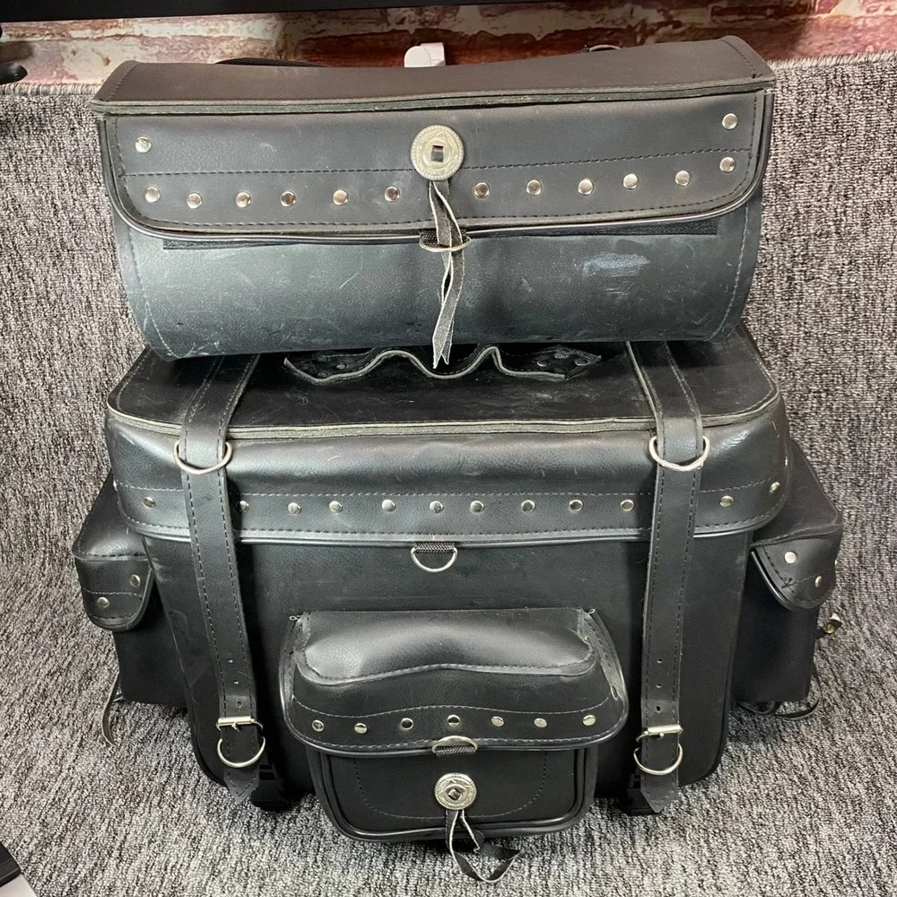 VTG Motorcycle Leatherette Sissy Bar Bag Luggage Set Studded Trunk Tool Roll